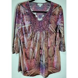 live and let live Multicolor Tunic Top Graphic Print Knit 3/4 Sleeve Size M